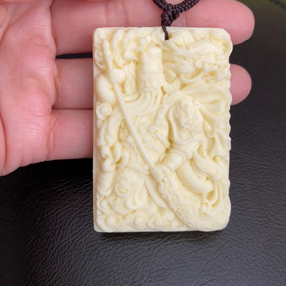 Carved Large Kuan Quan Kong Pendant Necklace